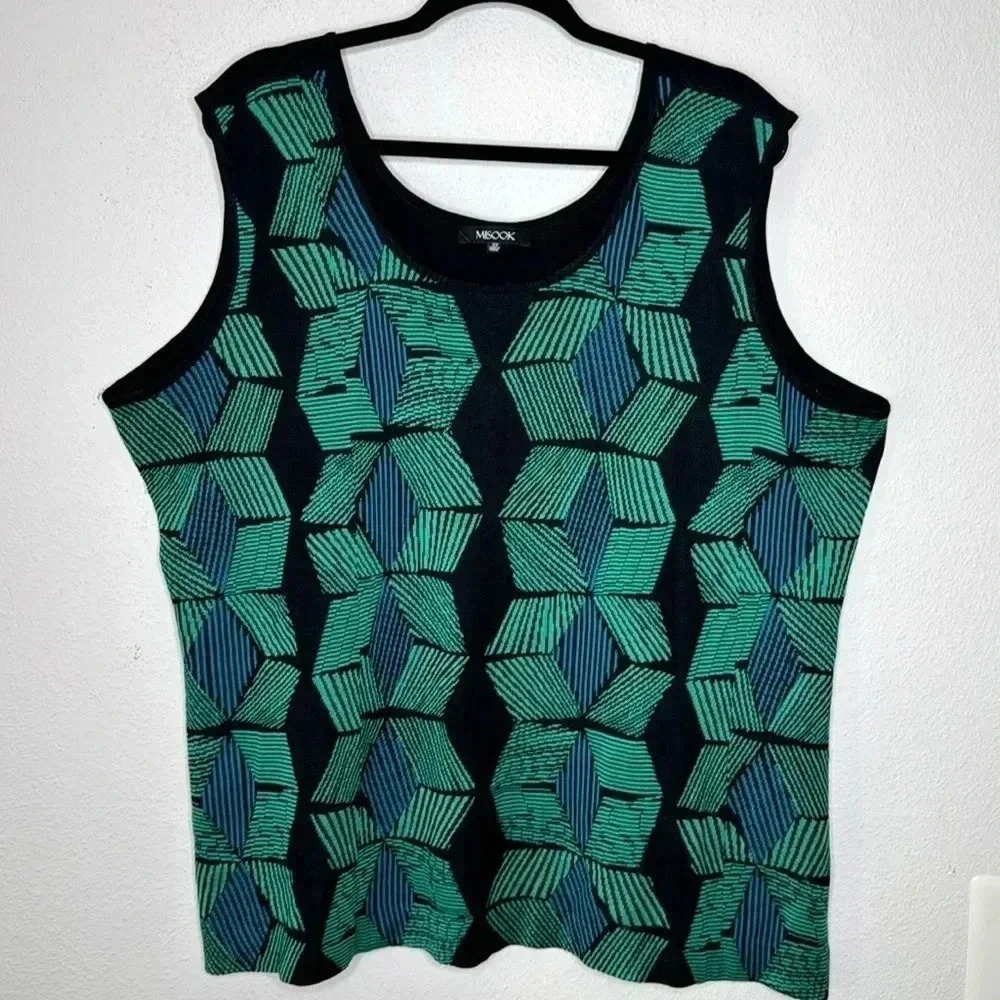 Misook abstract artsy plus size 3X sleeveless blue/green top